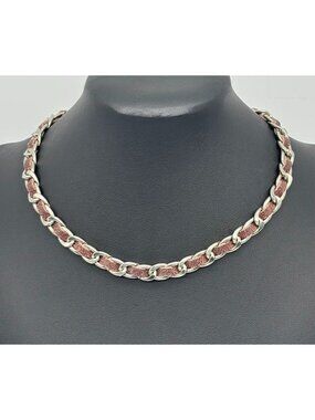 Chunky Stainless Steel Curb Chain Necklace Woven Brown Leather, Screwed On Clasp
